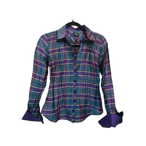 NEW FIRUZE women's webster long sleeve button up plaid shirt in aubergine